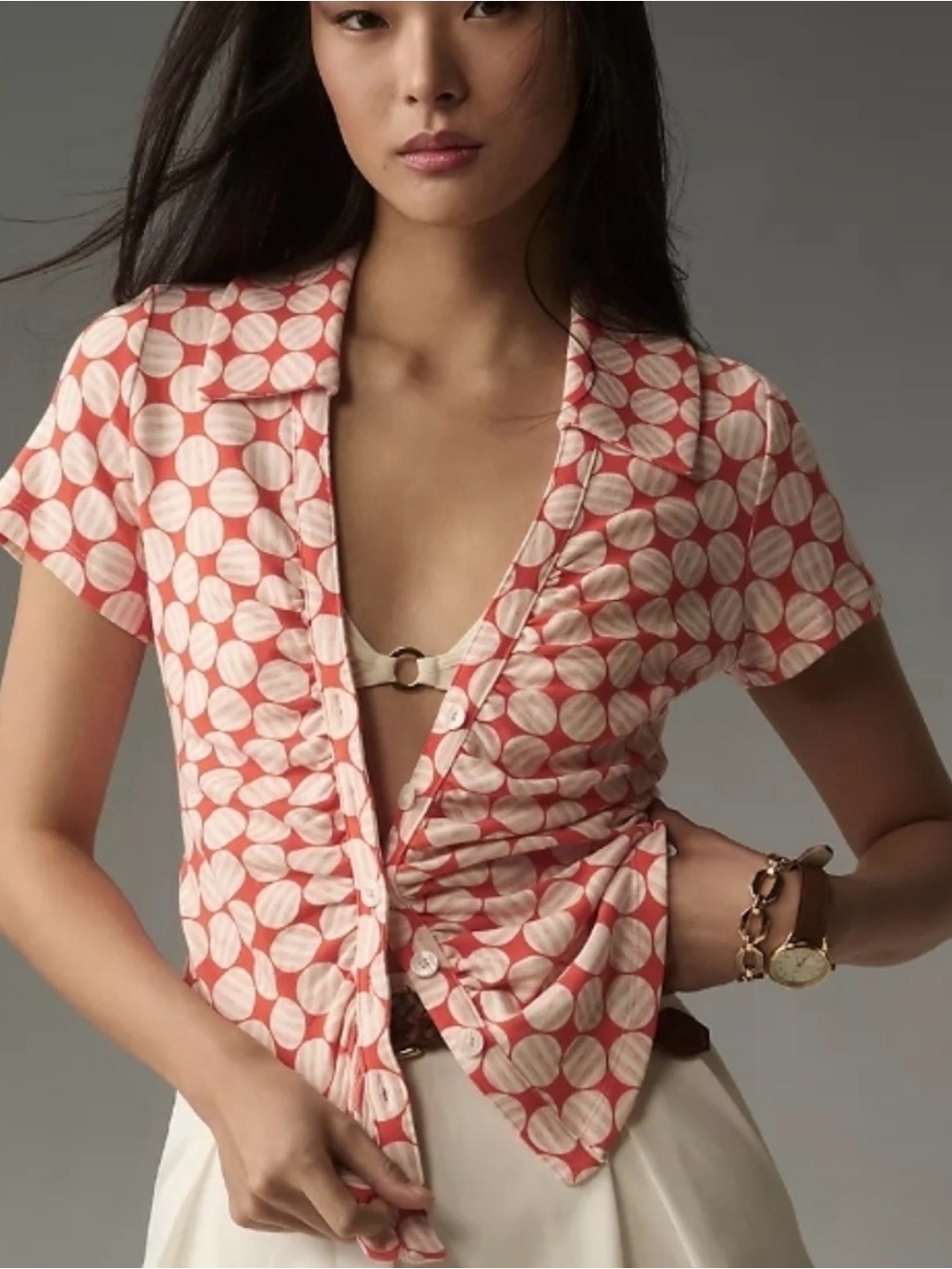 Anthropologie Coral and Cream Short Sleeve Button-Front Shirt